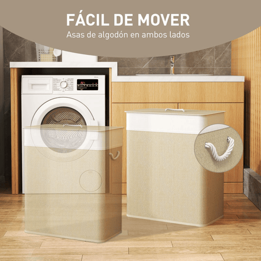 HOMCOM Cesto de Roupa com Tampa 100L Cesto para Roupa Suja de Bambu com 2 Compartimentos Bolsa Interior Amóvivel para Lavandaria Casa de Banho 52x32x63 cm Bege e Creme