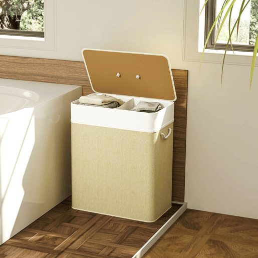 HOMCOM Cesto de Roupa com Tampa 100L Cesto para Roupa Suja de Bambu com 2 Compartimentos Bolsa Interior Amóvivel para Lavandaria Casa de Banho 52x32x63 cm Bege e Creme