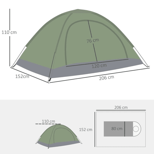 Outsunny Tenda de Campismo para 1-2 Pessoas Tenda de Campismo Dobrável com 2 Janelas de Malha Bolso Interior Bolsa de Transporte e Estrutura de Fibra de Vidro 206x152x110 cm Verde