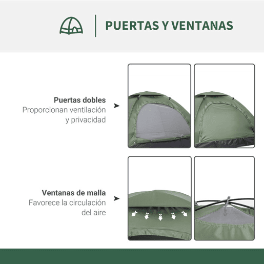 Outsunny Tenda de Campismo para 1-2 Pessoas Tenda de Campismo Dobrável com 2 Janelas de Malha Bolso Interior Bolsa de Transporte e Estrutura de Fibra de Vidro 206x152x110 cm Verde