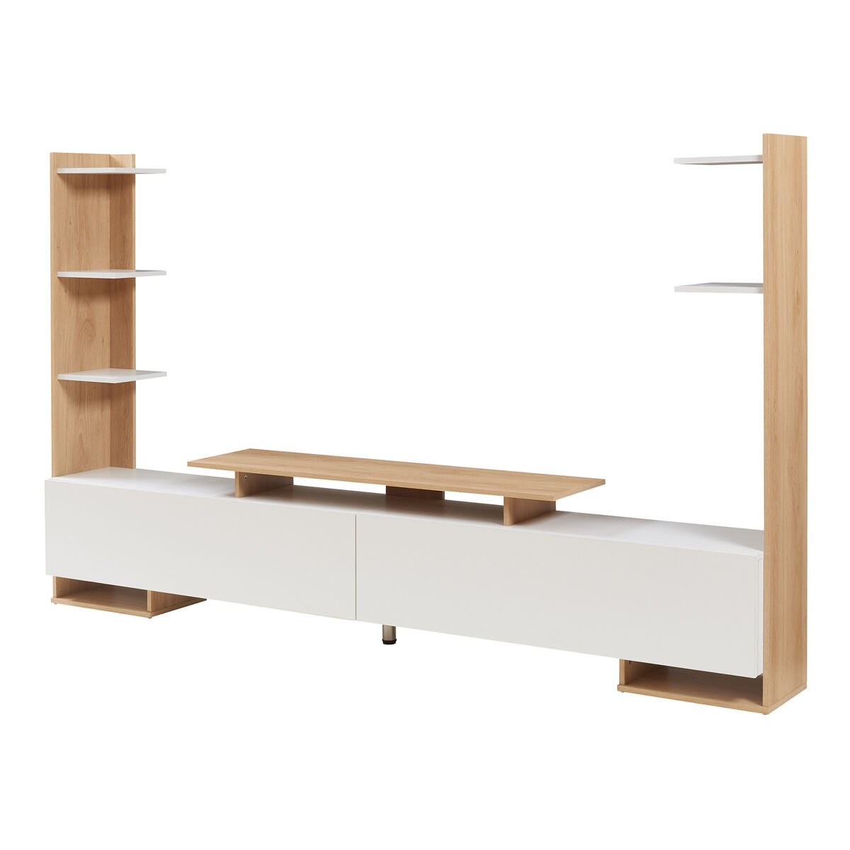 Mesa de tv rauki con estantes laterales 233x31x141 cm - blanco / roble [en.casa]