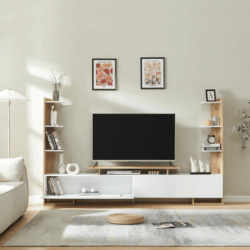 Armário para TV Rauki com prateleiras laterais 233x31x141 cm Branco  Carvalho en.casa