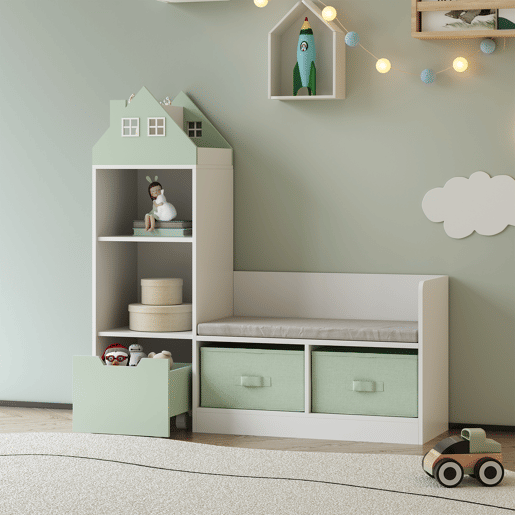 Banco para crianças com prateleira Vipsali 100x99x30 cm verde mentabranco en.casa
