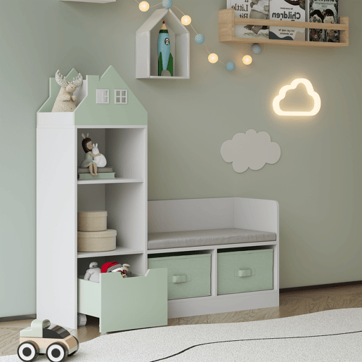 Banco para crianças com prateleira Vipsali 100x99x30 cm verde mentabranco en.casa