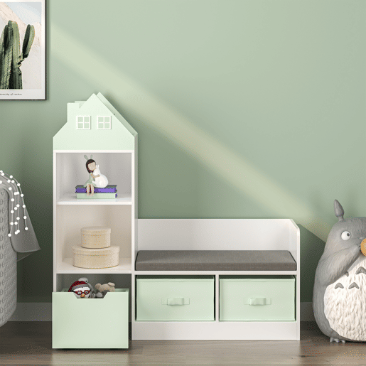 Banco para crianças com prateleira Vipsali 100x99x30 cm verde mentabranco en.casa