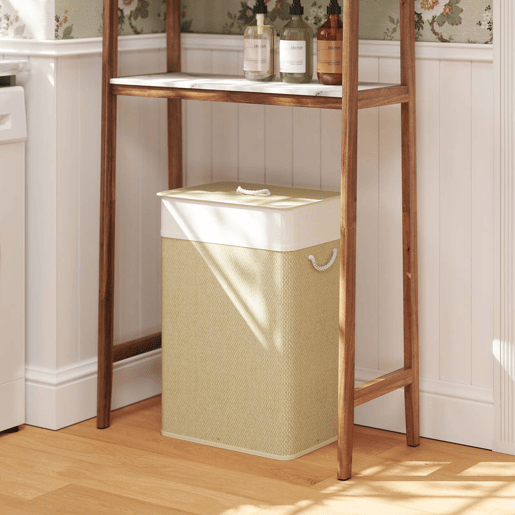 HOMCOM Cesto de Roupa com Tampa 72L Cesto de Roupa de Bambu com Bolsa Interior Removível e Alças para Lavandaria Dormitório 40x30x60 cm Bege e Creme