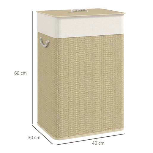 HOMCOM Cesto de Roupa com Tampa 72L Cesto de Roupa de Bambu com Bolsa Interior Removível e Alças para Lavandaria Dormitório 40x30x60 cm Bege e Creme