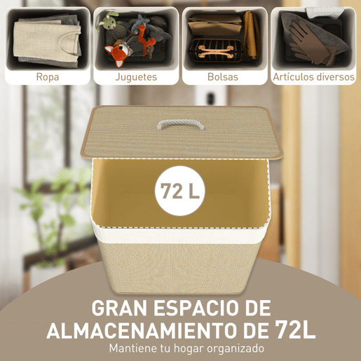 HOMCOM Cesto de Roupa com Tampa 72L Cesto de Roupa de Bambu com Bolsa Interior Removível e Alças para Lavandaria Dormitório 40x30x60 cm Bege e Creme