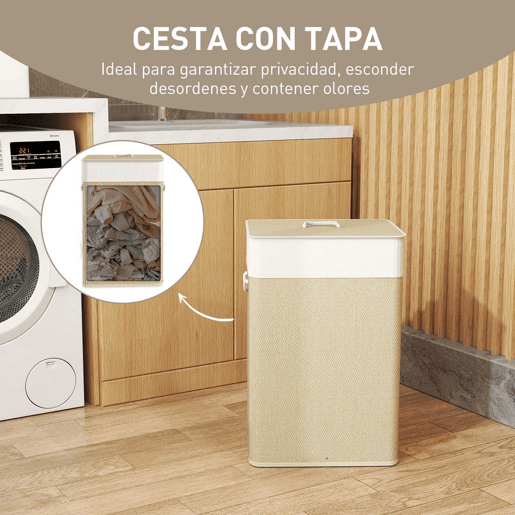 HOMCOM Cesto de Roupa com Tampa 72L Cesto de Roupa de Bambu com Bolsa Interior Removível e Alças para Lavandaria Dormitório 40x30x60 cm Bege e Creme