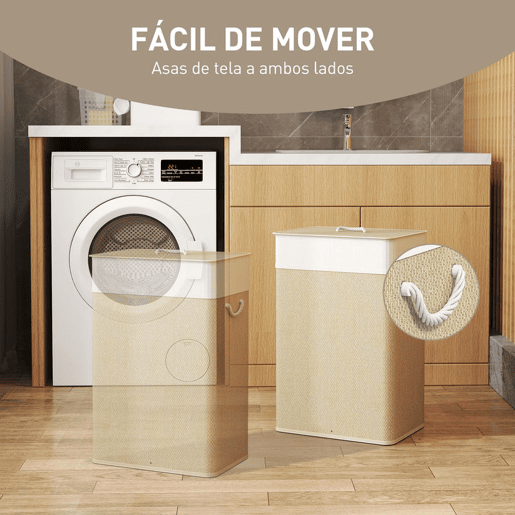 HOMCOM Cesto de Roupa com Tampa 72L Cesto de Roupa de Bambu com Bolsa Interior Removível e Alças para Lavandaria Dormitório 40x30x60 cm Bege e Creme