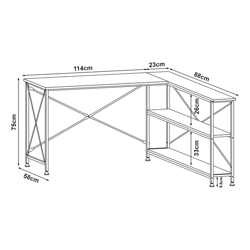 Secretária Raundsvalt com 1 prateleira em forma de L 137x88x75 cm Preto en.casa