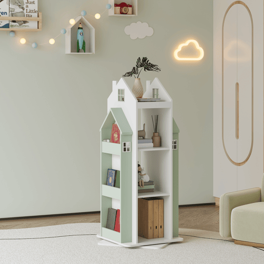 Estante rotativa para crianças Vipsali com design da casa 108x40x40 cm verde mentabranco en.casa