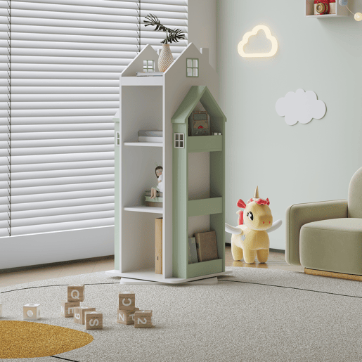 Estante rotativa para crianças Vipsali com design da casa 108x40x40 cm verde mentabranco en.casa