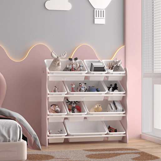 Estante para crianças Vestnes com 12 caixas de arrumação 78x86x27 cm - Cor-de-rosaBranco en.casa