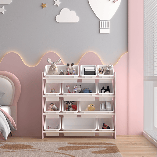 Estante para crianças Vestnes com 12 caixas de arrumação 78x86x27 cm - Cor-de-rosaBranco en.casa