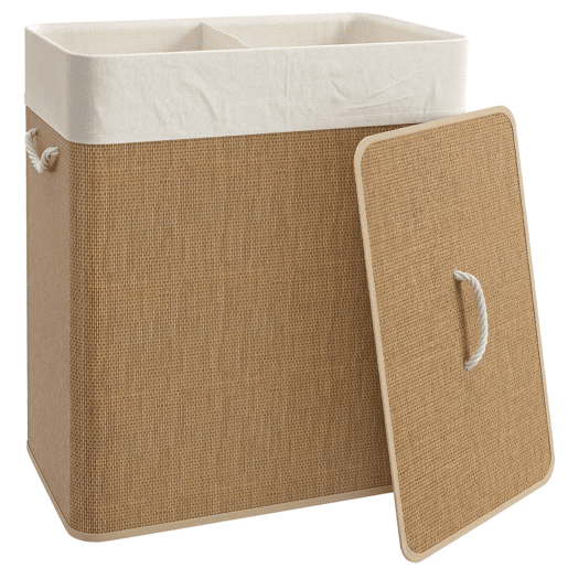 HOMCOM Cesto de Roupa com Tampa 100L Cesto para Roupa Suja de Bambu com 2 Compartimentos Bolsa Interior Amóvivel para Lavandaria Casa de Banho 52x32x63 cm Madeira e Creme