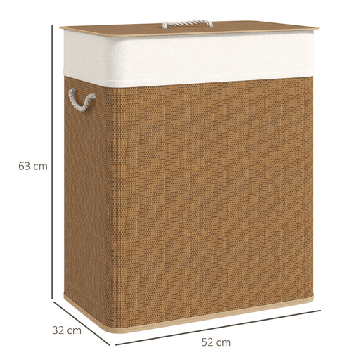 HOMCOM Cesto de Roupa com Tampa 100L Cesto para Roupa Suja de Bambu com 2 Compartimentos Bolsa Interior Amóvivel para Lavandaria Casa de Banho 52x32x63 cm Madeira e Creme