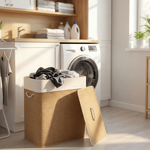 HOMCOM Cesto de Roupa com Tampa 100L Cesto para Roupa Suja de Bambu com 2 Compartimentos Bolsa Interior Amóvivel para Lavandaria Casa de Banho 52x32x63 cm Madeira e Creme