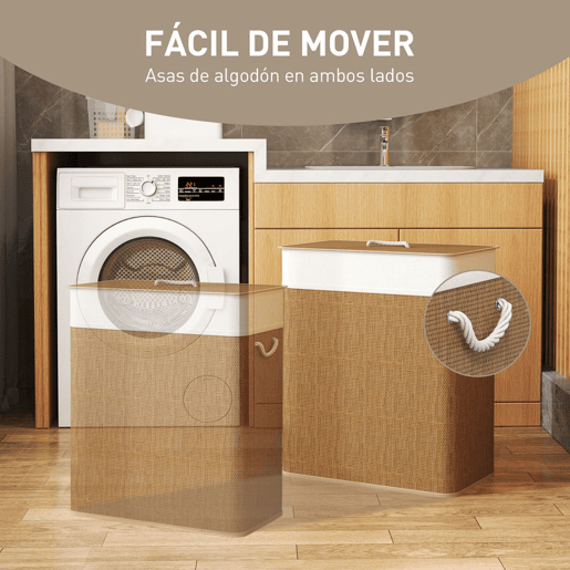HOMCOM Cesto de Roupa com Tampa 100L Cesto para Roupa Suja de Bambu com 2 Compartimentos Bolsa Interior Amóvivel para Lavandaria Casa de Banho 52x32x63 cm Madeira e Creme