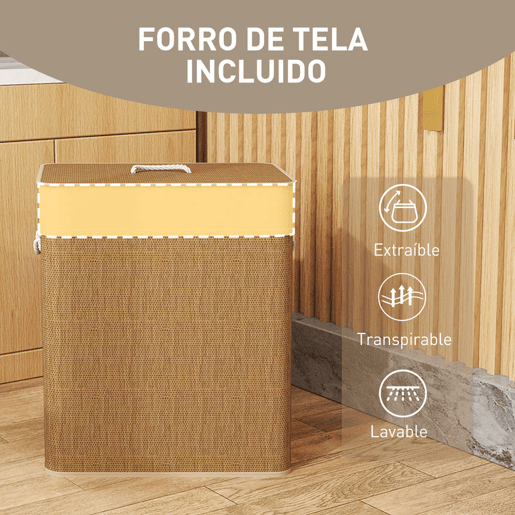 HOMCOM Cesto de Roupa com Tampa 100L Cesto para Roupa Suja de Bambu com 2 Compartimentos Bolsa Interior Amóvivel para Lavandaria Casa de Banho 52x32x63 cm Madeira e Creme
