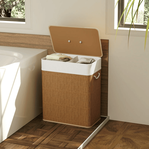 HOMCOM Cesto de Roupa com Tampa 100L Cesto para Roupa Suja de Bambu com 2 Compartimentos Bolsa Interior Amóvivel para Lavandaria Casa de Banho 52x32x63 cm Madeira e Creme