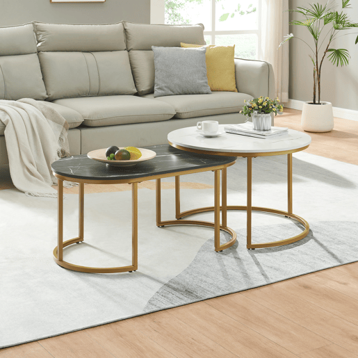 Mesa de centro Oppeerg conjunto de 2 metal aspeto mármore, preto-brancodourado en.casa