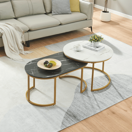 Mesa de centro Oppeerg conjunto de 2 metal aspeto mármore, preto-brancodourado en.casa