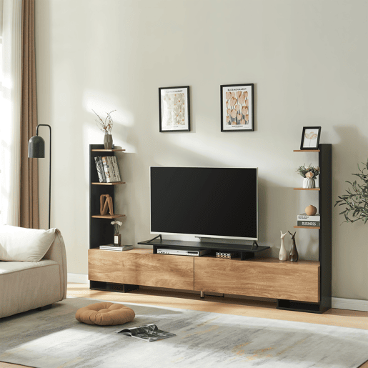 Armário para TV Rauki com prateleiras laterais 233x31x141 cm Preto  Efeito Madeira mango en.casa