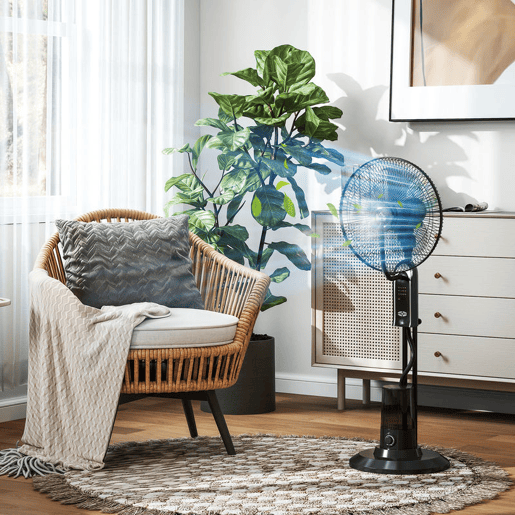 HOMCOM Ventoinha de Pé com Nebulizador 75 W Temporizador Depósito 3,2L Controlo Remoto 3 Velocidades 3 Hélices e Ecrã LED Ø44,5 cm Preto