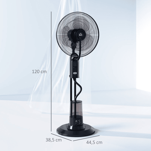 HOMCOM Ventoinha de Pé com Nebulizador 75 W Temporizador Depósito 3,2L Controlo Remoto 3 Velocidades 3 Hélices e Ecrã LED Ø44,5 cm Preto