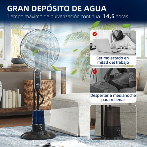 HOMCOM Ventoinha de Pé com Nebulizador 75 W Temporizador Depósito 3,2L Controlo Remoto 3 Velocidades 3 Hélices e Ecrã LED Ø44,5 cm Preto