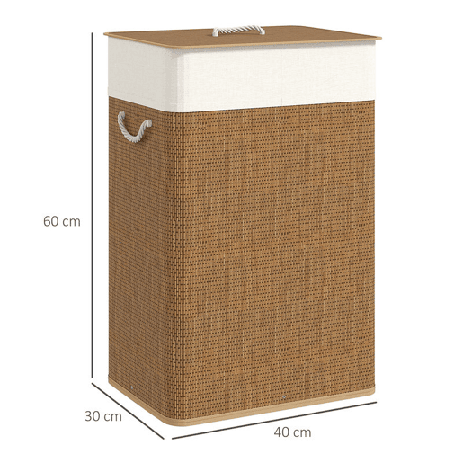 HOMCOM Cesto de Roupa com Tampa 72L Cesto de Roupa de Bambu com Bolsa Interior Removível e Alças para Lavandaria Dormitório 40x30x60 cm Madeira e Creme