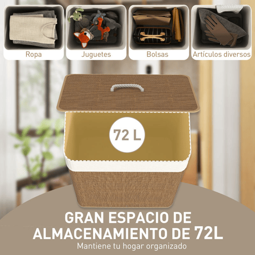 HOMCOM Cesto de Roupa com Tampa 72L Cesto de Roupa de Bambu com Bolsa Interior Removível e Alças para Lavandaria Dormitório 40x30x60 cm Madeira e Creme