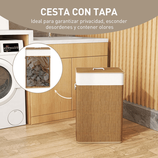 HOMCOM Cesto de Roupa com Tampa 72L Cesto de Roupa de Bambu com Bolsa Interior Removível e Alças para Lavandaria Dormitório 40x30x60 cm Madeira e Creme