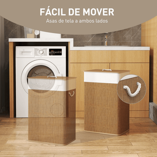 HOMCOM Cesto de Roupa com Tampa 72L Cesto de Roupa de Bambu com Bolsa Interior Removível e Alças para Lavandaria Dormitório 40x30x60 cm Madeira e Creme