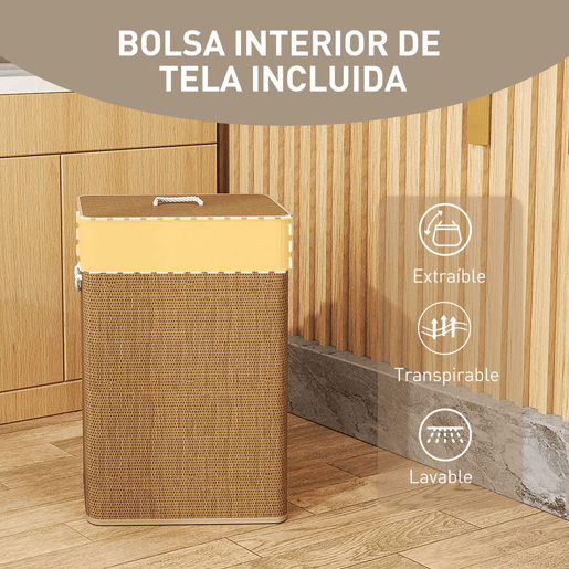 HOMCOM Cesto de Roupa com Tampa 72L Cesto de Roupa de Bambu com Bolsa Interior Removível e Alças para Lavandaria Dormitório 40x30x60 cm Madeira e Creme