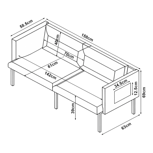 Sofá de 2 lugares Kamar estofado com almofadas 69x158x63cm Bege en.casa