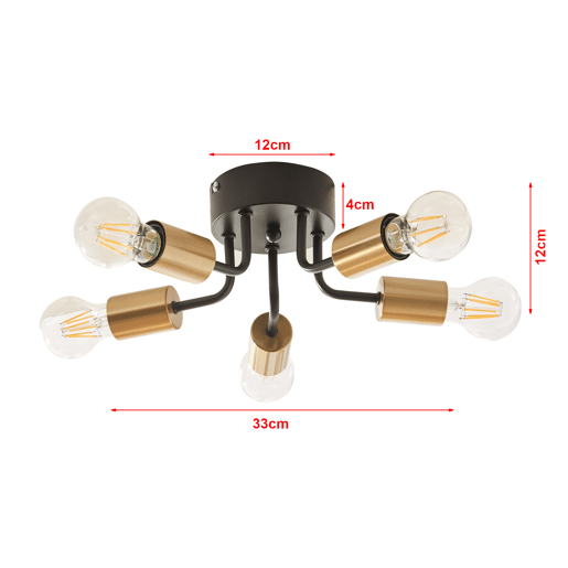 Candeeiro de teto Barrow 5 luzes em metal pretodourado