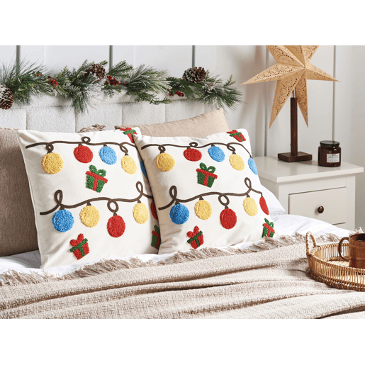 Conjunto de 2 almofadas decorativas PALMIER Veludo 45 x 45 cm Branco creme Padrão natalicio