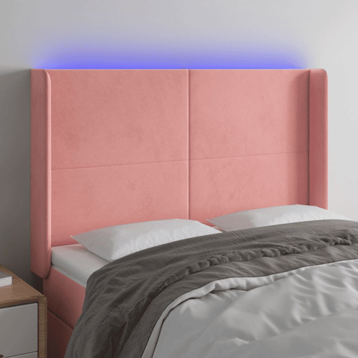 vidaXL Cabeceira de cama c luzes LED veludo 147x16x118128 cm rosa