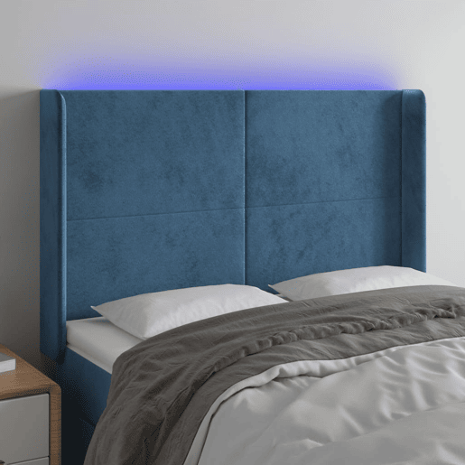 vidaXL Cabeceira cama c luzes LED veludo 147x16x118128cm azul-escuro