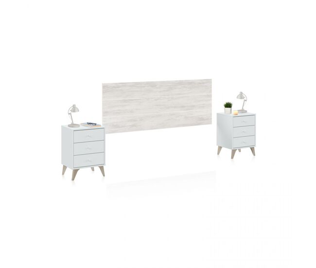 Cabecero para cama de 135-150 cm y 2 mesitas con cajones en blanco artik y blanco velho Iconic Blanco Artik (Blanco Mate) – Blanco Velho 40 x 56 x 33,