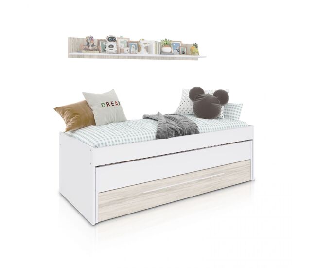 Cama nido juvenil con estante y almacenaje en blanco artik y blanco velho 96x199 cm nuit blanco artik (blanco mate) – blanco velho 199 x 65 x 96 cm