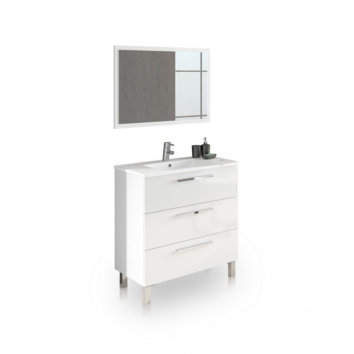 Mueble de baño de 3 cajones en blanco brillo con espejo 80 cm feel blanco brillo 80 x 86 x 45 cm