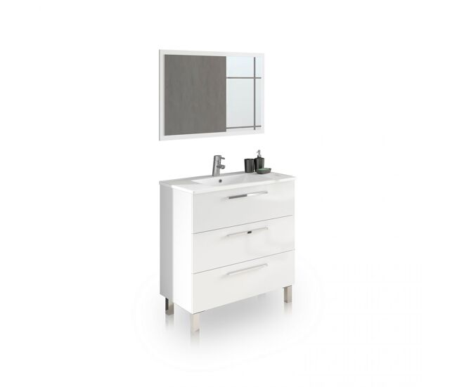 Mueble de baño de 3 cajones en blanco brillo con espejo 80 cm feel blanco brillo 80 x 86 x 45 cm