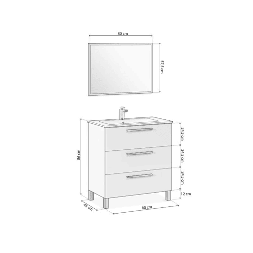 Armário de casa de banho com espelho Feel 3 gavetas Branco brilhante 80 x 86 x 45 cm