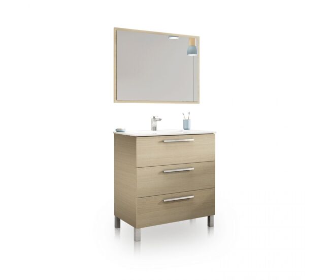 Mueble de baño de 3 cajones en roble con espejo 80 cm feel roble 80 x 86 x 45 cm