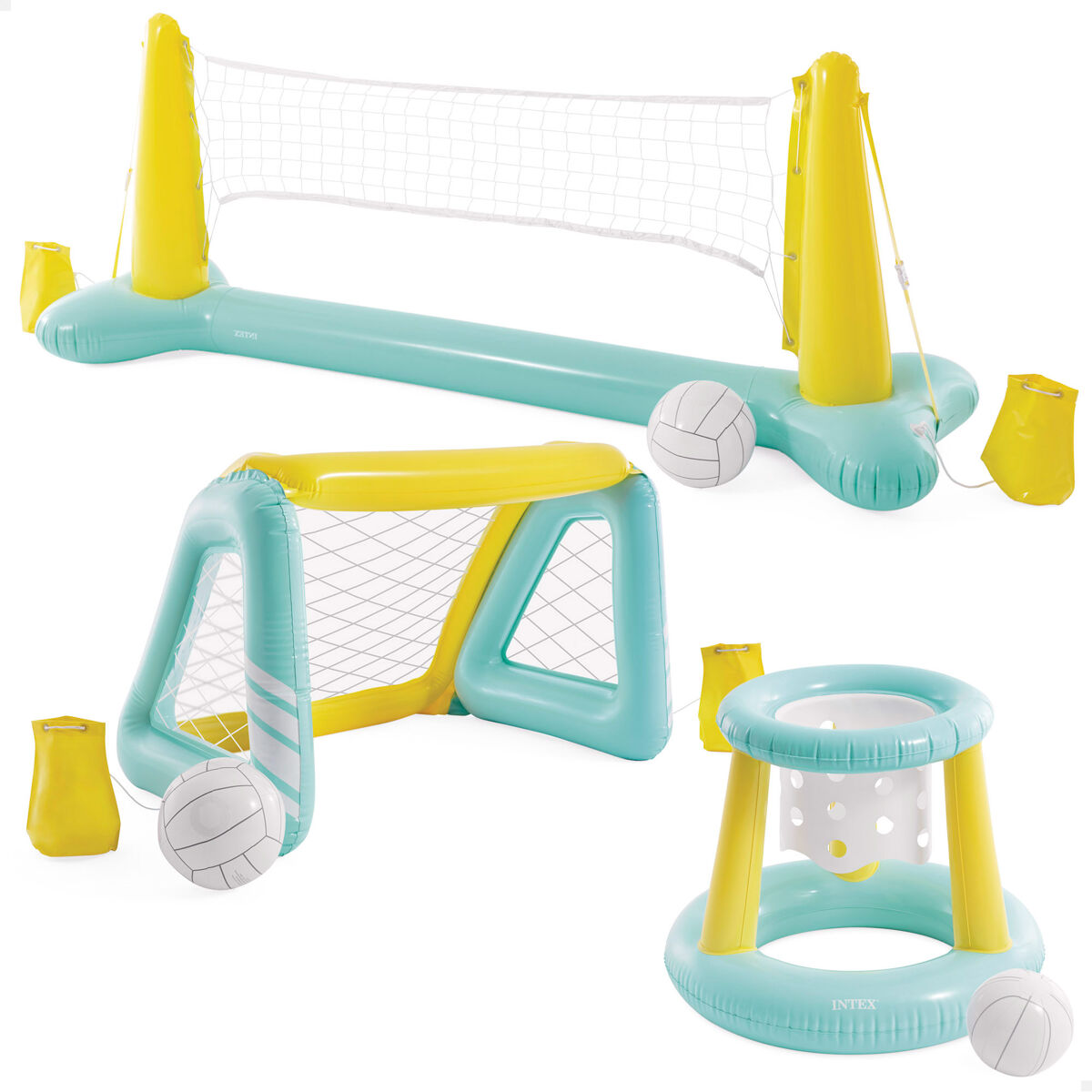 Pack intex juegos piscina con vóley hinchable + canasta flotante + portería acuática (6 piezas)