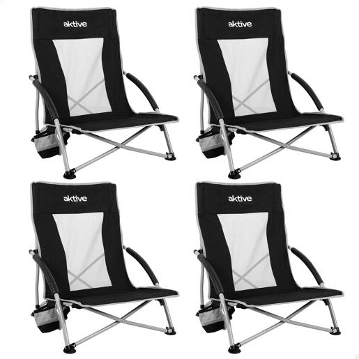 Aktive Pack de 4 cadeiras de acampamento dobráveis baixas 50x51x67 cm pretas com porta-copos