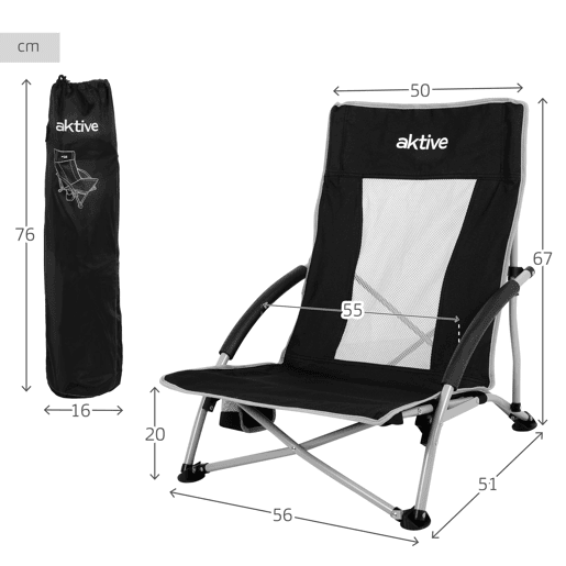 Aktive Pack de 4 cadeiras de acampamento dobráveis baixas 50x51x67 cm pretas com porta-copos